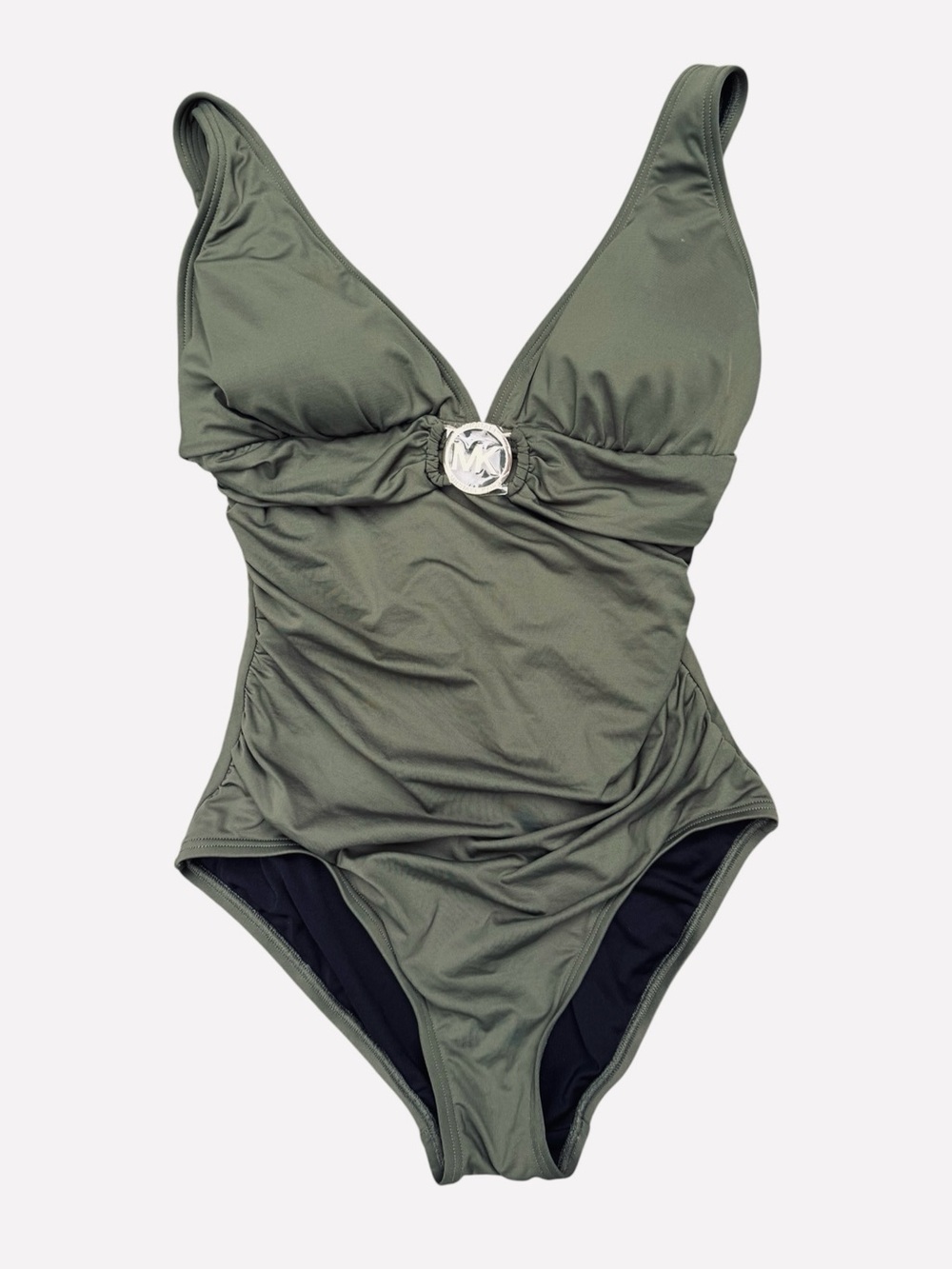NEW Michael Kors Size 8 Olive Green One-Piece Women’s Swimsuit Gold Logo Rouched